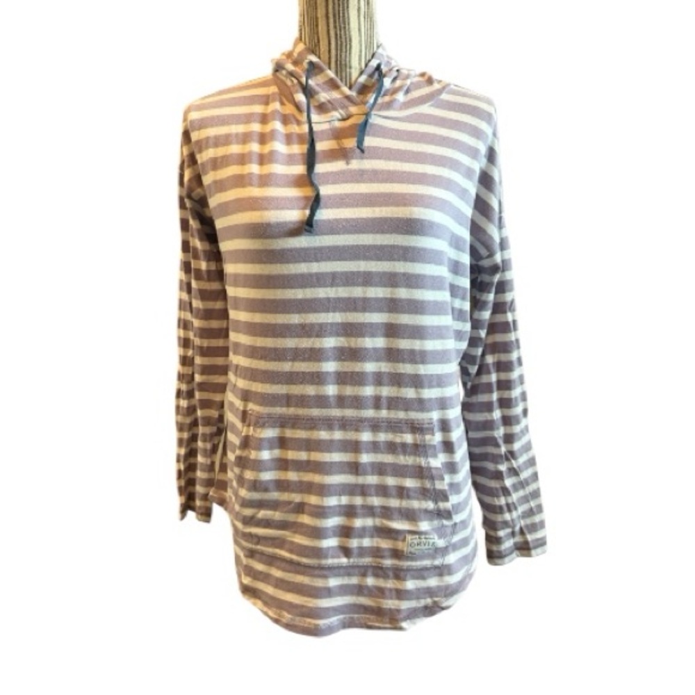 Orvis perfect tee easy fit Striped Hoodie Front Pocket adjust drawcord small